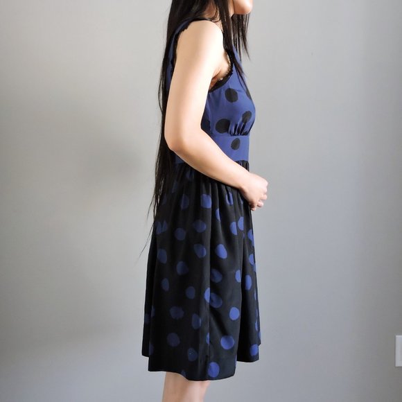 Corey Lynn Calter Blue Black Polka Dot Open Back Sleeveless Dress w/ Lace Edge - Picture 5 of 11